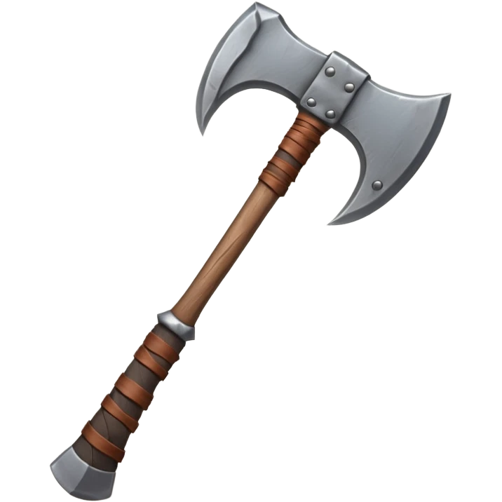 barbarian axe object icon, huge double-bladed axe, rough metal, wooden handle, leather wraps, fantasy style, 3D cartoon, mobile game icon style, centered, clean background, soft shadow, no text, no watermark
 emoji