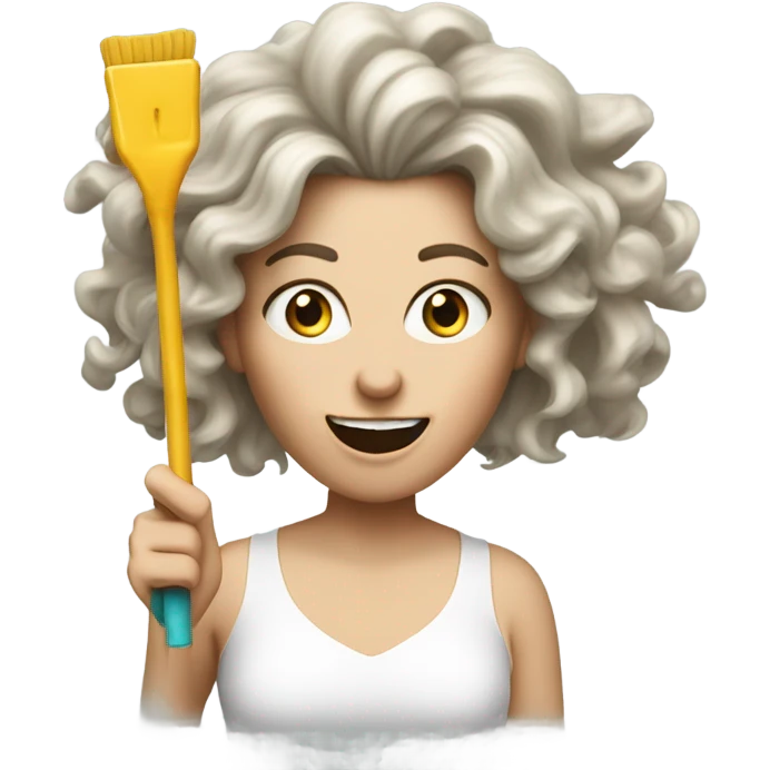 40-year-old white woman woman partying dizzyingly, with long frizzy hair and party tools. She looks dizzy, disheveled and fun emoji