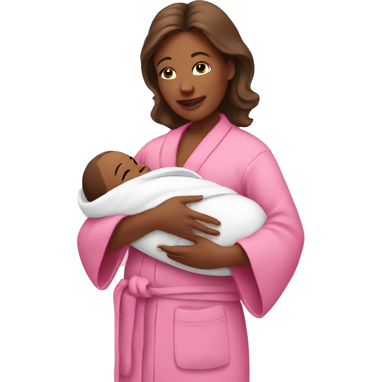 Mom holding newborn baby in a pink robe emoji
