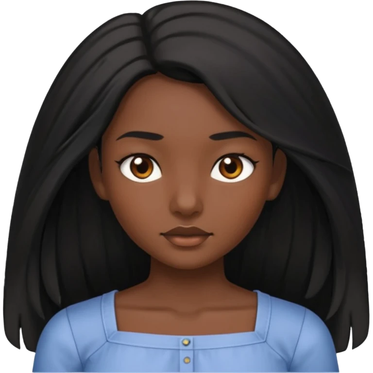 A dark skin girl with long black hair swept to the front and a square neckline shirt and brown eyes emoji