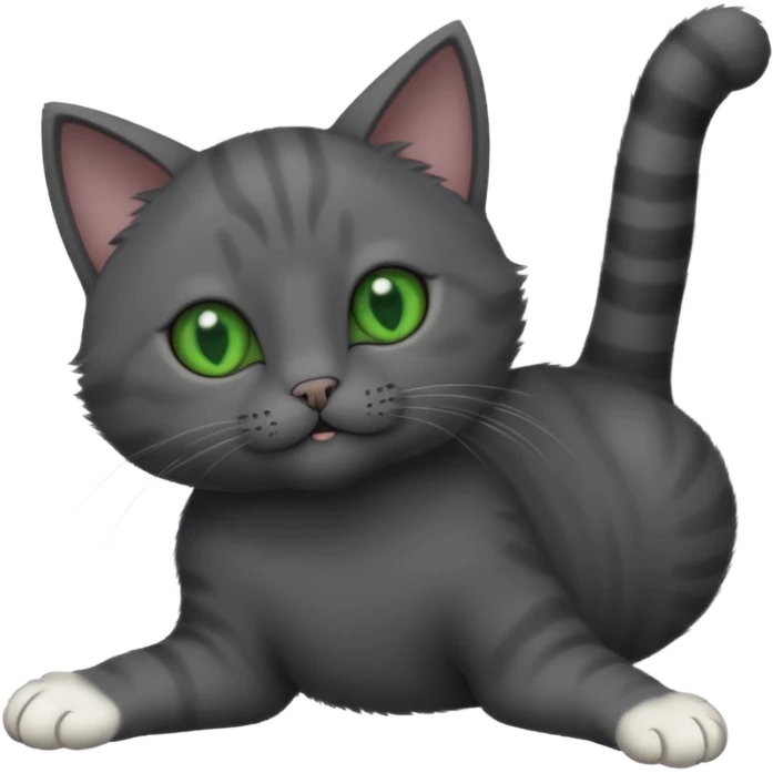 solid dark grey cat with green eyes, completely solid grey face, white toes/paws playing rolling upside down emoji