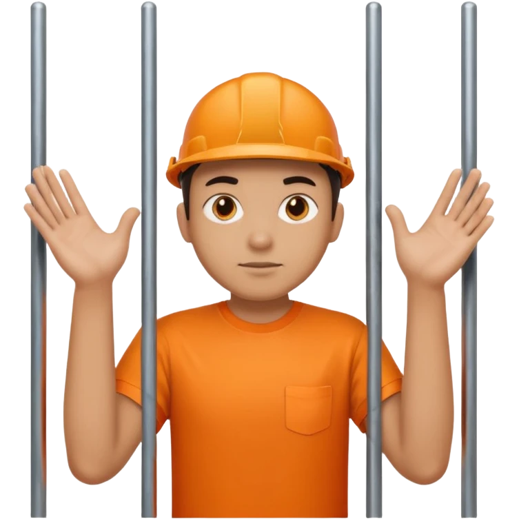 prisoner with orange shirt, many metal bars in front of him and he touches the bars emoji