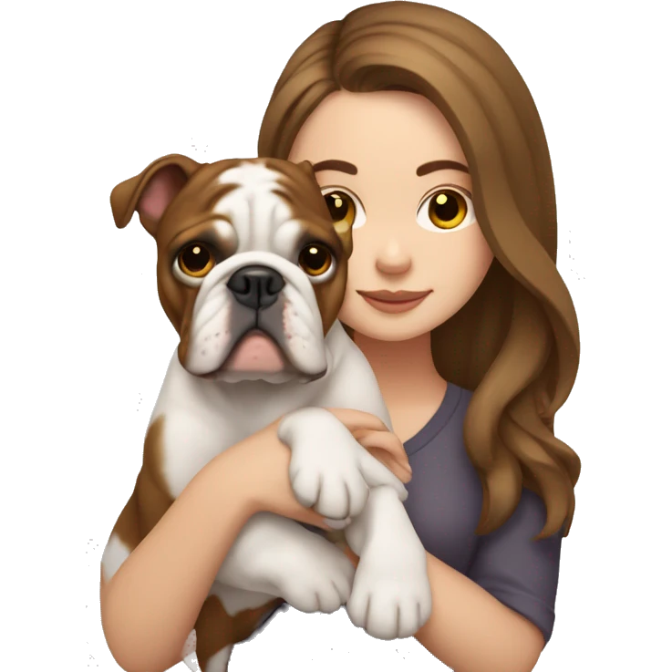 White girl with brown hair holding English bulldog emoji