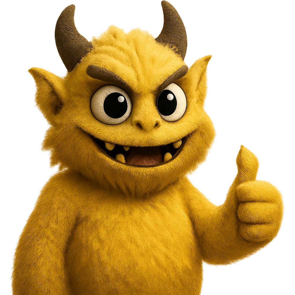 Make this yellow athletic mascot look more grown up and cooler, less like a person and more like a monster, keep the soft fuzzy texture and big eyes, giving a thumbs up, with no background. Maintain the yellow color and soft fuzzy texture with big eyes, emphasizing a monster-like character giving a thumbs up. emoji