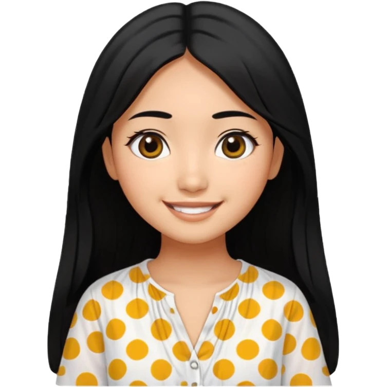 20 yr old asian woman hair white blouse with black dots center part big eyes big smile tanned skin straight black hair hippie part hair  emoji