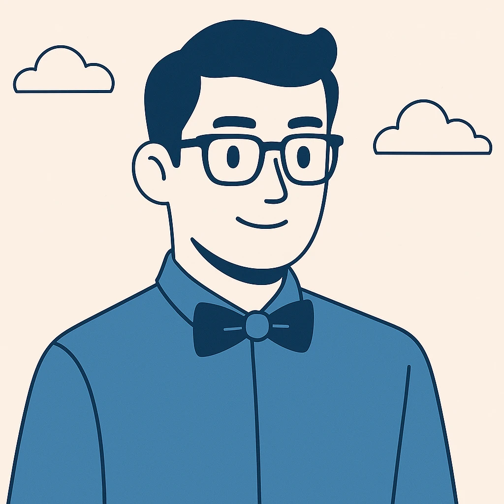 Add stylish glasses to the character wearing a green bowtie, keeping the clean, modern flat blue illustration style. emoji