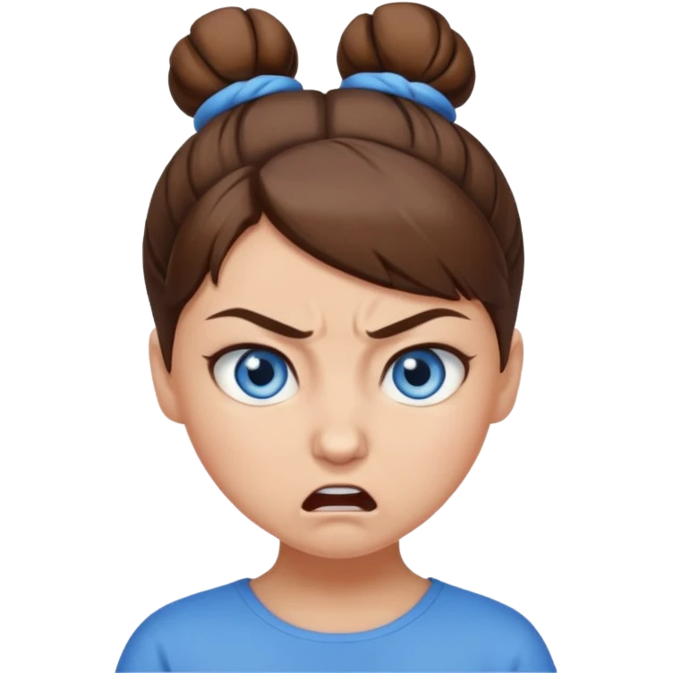 Girl with blue eyes, brown hair in a bun, angry emoji