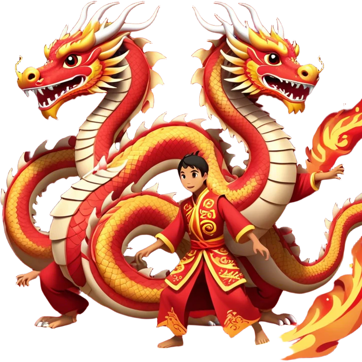 Cinematic Realistic scene of two performers guiding an elaborately designed dragon costume during a Dragon Dance, with vivid traditional patterns and dynamic motion, set under festive, red-tinged lighting emoji