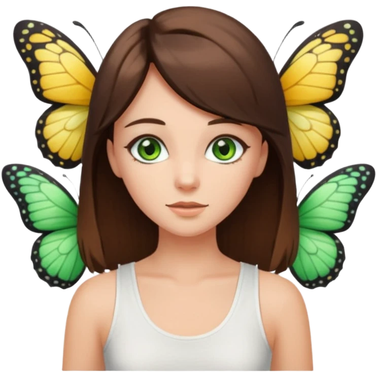 girls with long brown hair, green eyes, a white tank top, and a butterfly haircutbrunette girl with green eyes emoji