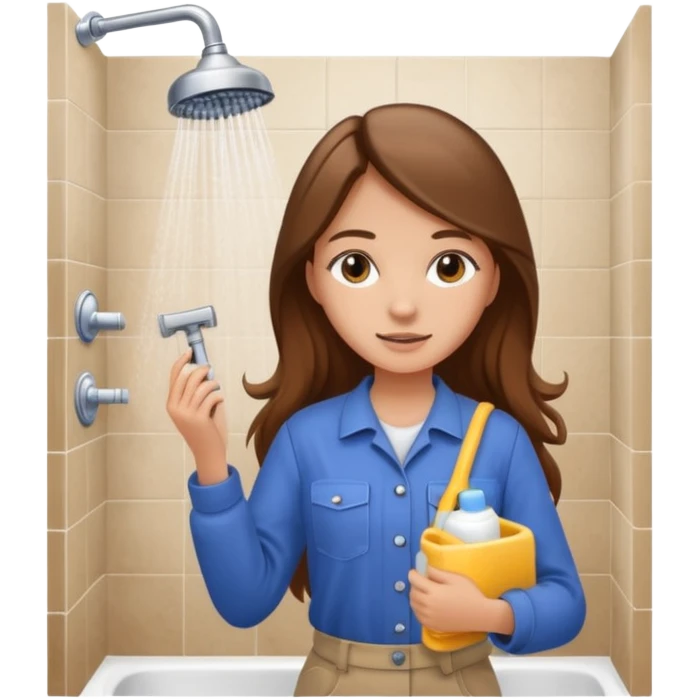 beautiful girl with long brown hair constructing new bathroom area with new shower and amenities  emoji