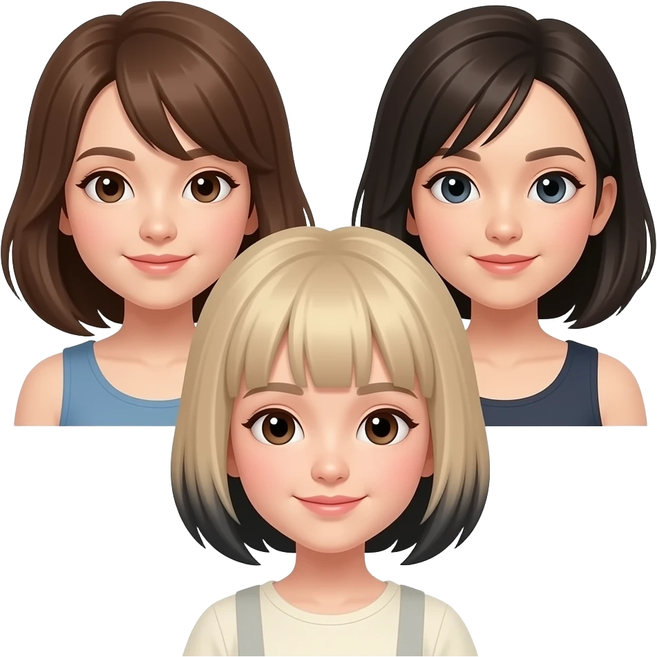 Draw three Asian girls: one brunette, one fair-haired, and one who looks like a dark-haired brunette but has dark brown hair. The fair-haired girl has short, but not bobbed, black hair, and the brunette has medium-length hair. emoji