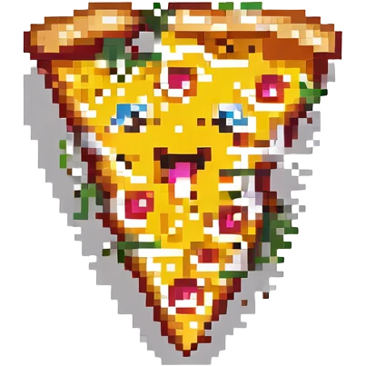 slice of pizza with a happy face, pixel art style emoji