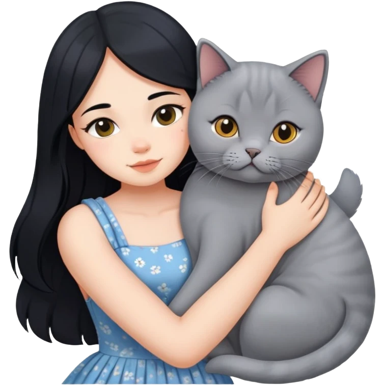 A beautiful girl with long black hair wearing a sun dress hugs a British Shorthair emoji