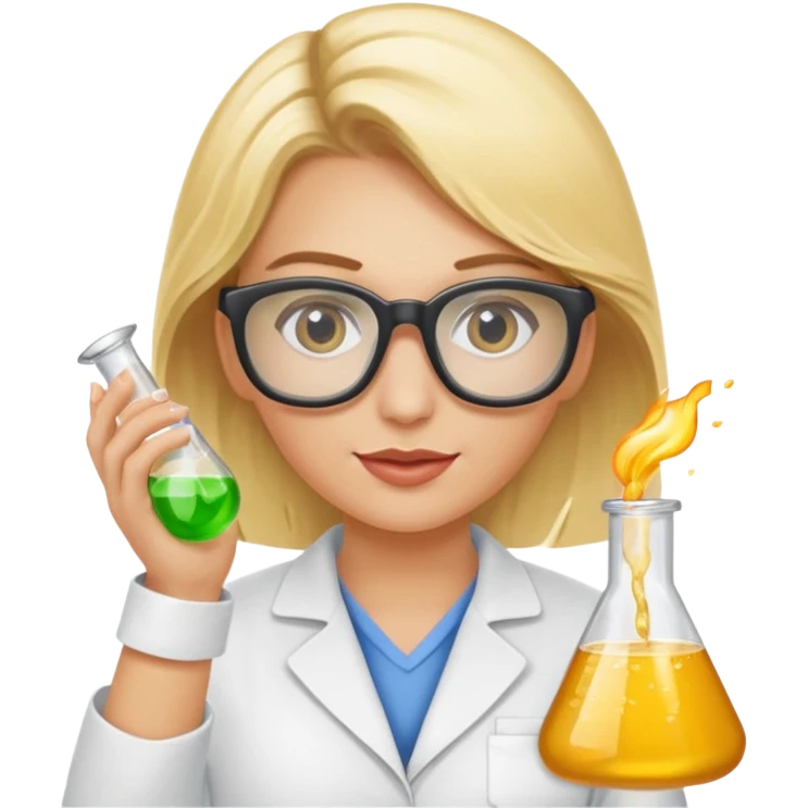 Eine hellblonde Chemikerin mit Kittel, großer Labor-Sicherheitsbrille und typischem Erlmeyerkolben in der Hand emoji