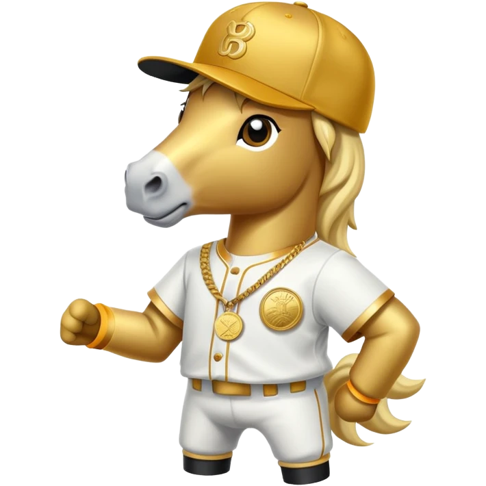 anthropomorphised horse dressed like a member of RUN DMC, hip-hop outfit, gold medal, baseball hat emoji