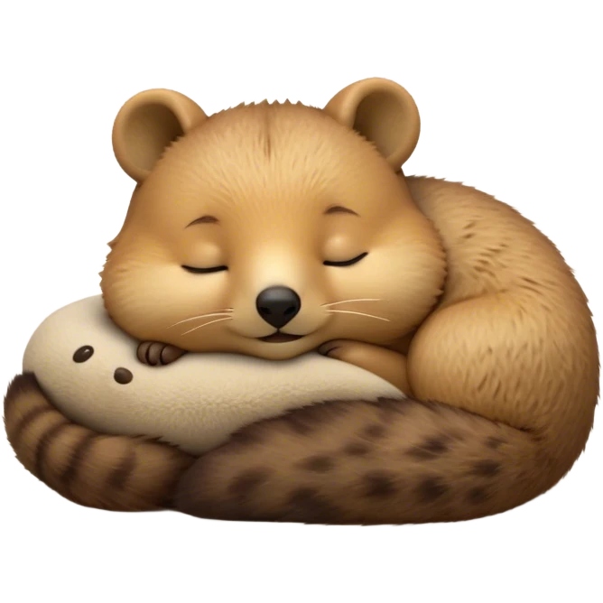 Meme-Worthy Cute Sleeping Quokka Portrait Emoji, Head resting peacefully with a contented smile, showcasing a delightfully compact build and a luxuriously soft brown fur, eyes shut in a serene, restful nap, Simplified yet hilariously adorable features, highly detailed, glowing with a soft, drowsy light, high shine, relaxed and utterly lovable, stylized with an air of playful laziness, bright and heartwarming, soft glowing outline, capturing the essence of a comically sleepy quokka, so meme‐worthy it feels like it could instantly become the next viral sensation of adorable slumber! emoji