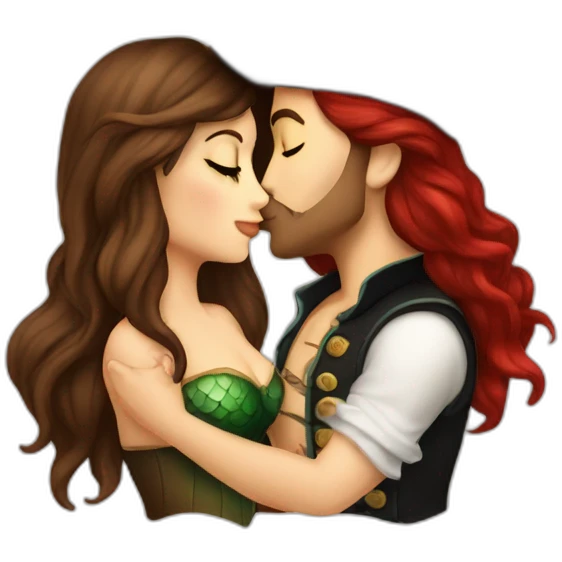 Brown haired mermaid and woman pirate kissing emoji