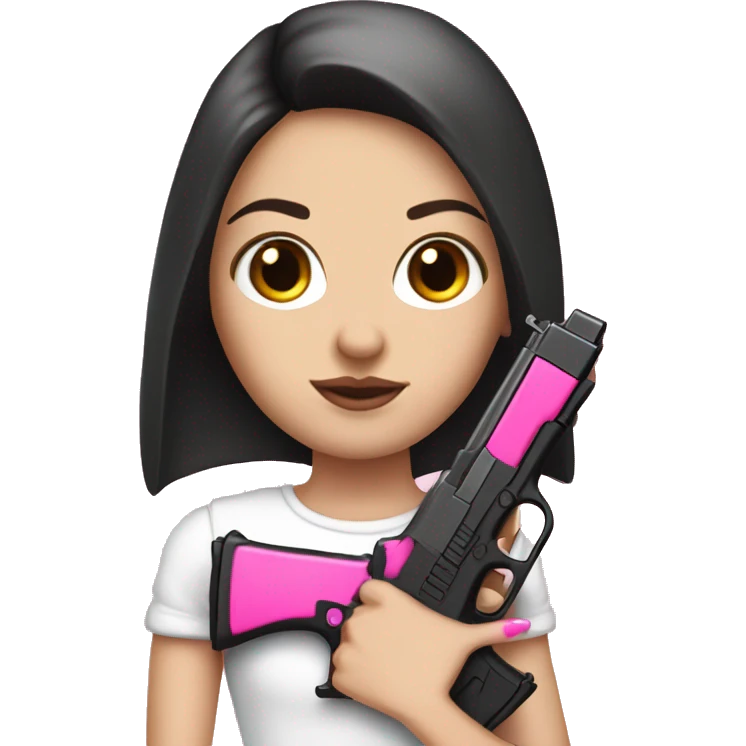 White Girl hand pink nails holding pink gun with black hair and brown eyes emoji
