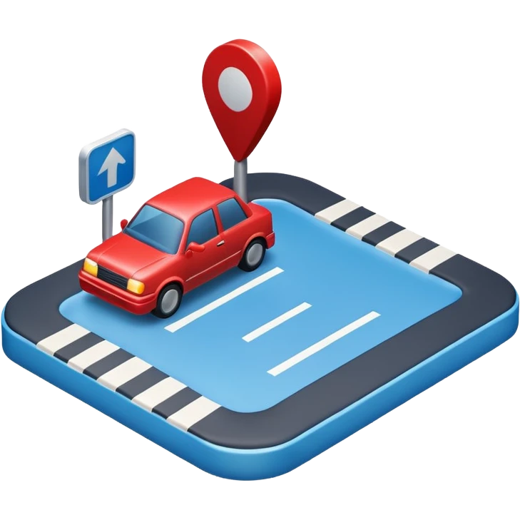 
A 3D minimal icon showing a street route to a destination with a single vehicle, a blue road, and small red accents for alerts. The style is clean, minimal 3D, with a transparent background. emoji