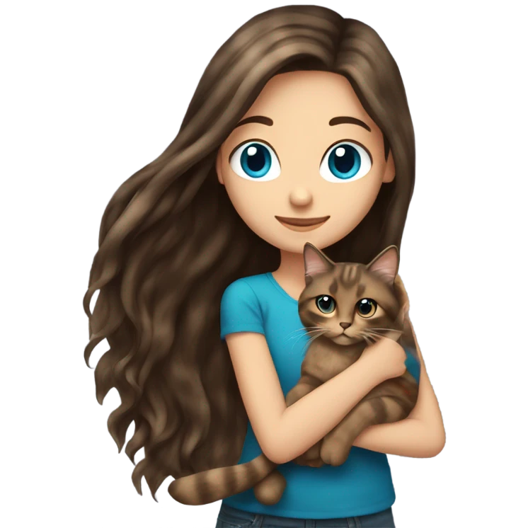 Long haired brunette blue eyed girl holding a long haired tortishell cat emoji