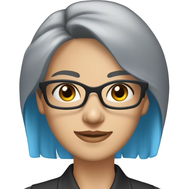 Caucasian woman with chin length choppy blue hair and grey eyes wearing light grey square-shaped glasses and a black collared shirt emoji