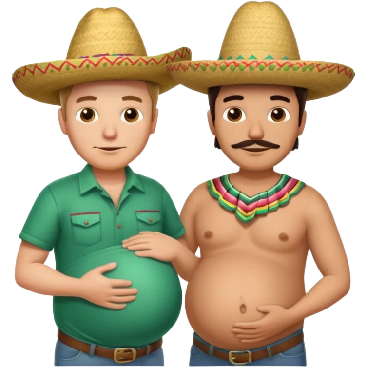 two men standing besides each other. 1 man is white, and the other man is mexican wearing a sombrero and pregnant, holding his belly.  emoji