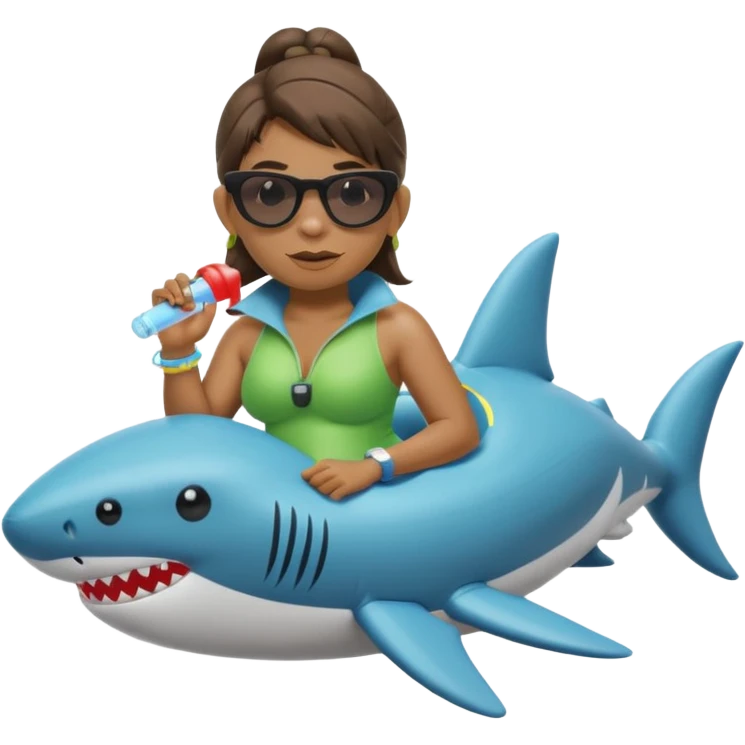 orc female sitting in an inflatable floatie shaped like a shark, wearing oversized sunglasses and a whistle on a neck cord, 2d emoji