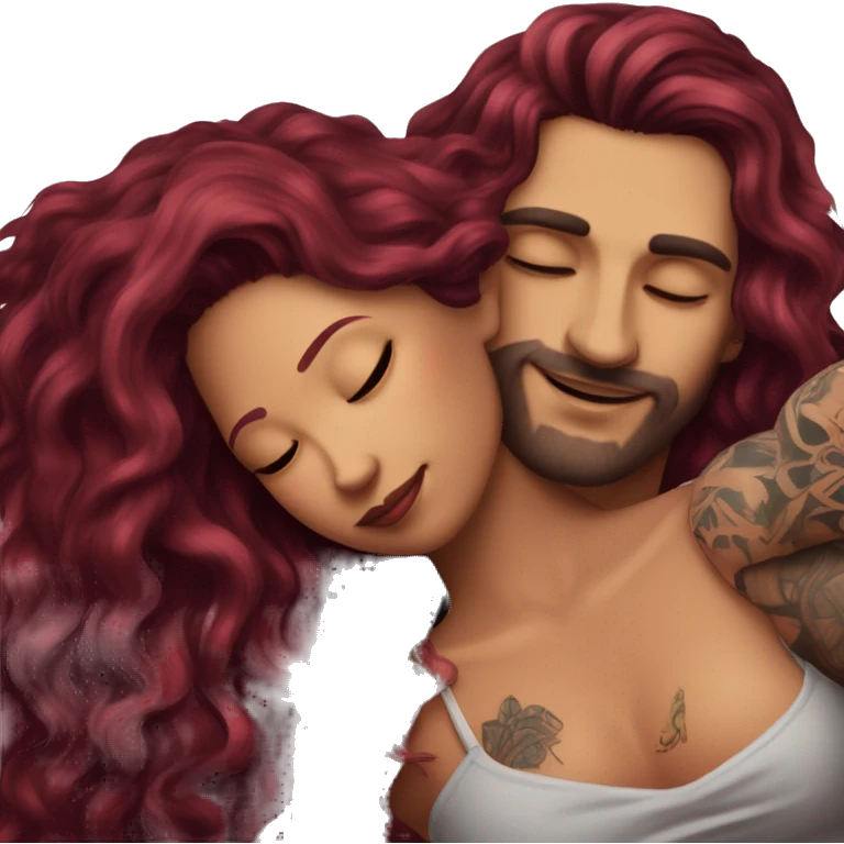 Beautiful tattooed burgundy long haired woman laying on the boyfriends chest emoji