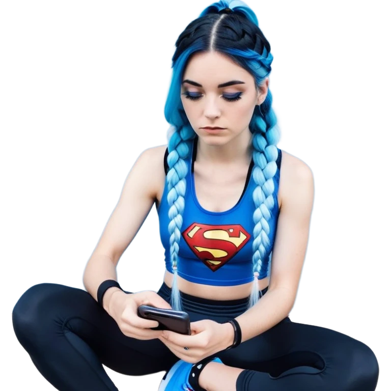 Shameful and disappointed-Female-very very very larger chest-texting on a samsung cell phone-very long straight braided black to sky blue hair ombre-blue eyes-black eyeliner-long eyelashes-iridescent sky blue very low cut tank top with superman logo-black leggings-nike hightop sneakers emoji