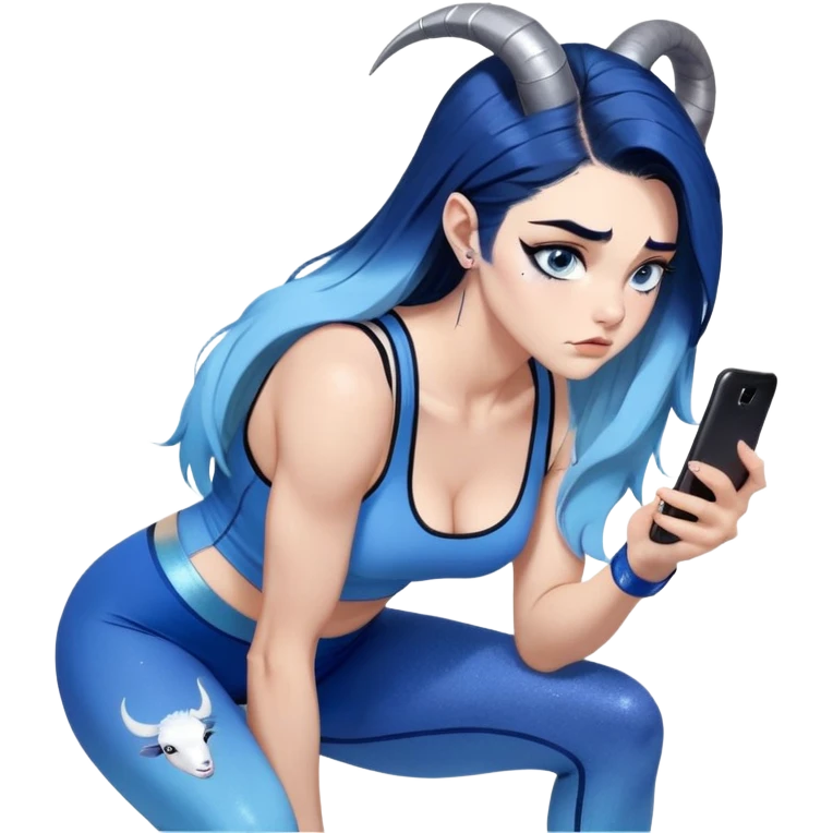 Disapponted-big tears-head back texting on phone-very very large upper body-sexy face-bending forward at waist-very long very straight dark blue to light blue ombre hair-and-blue eyes-thick black eyeliner-cute goat horns-iridescent blue lowcut tanktop with black leggings with glitter superman logo emoji