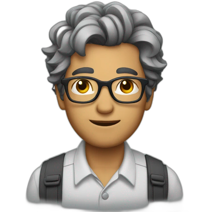 a man with glasses, well-coiffed, with dark grey, almost black hair, looking conquering emoji