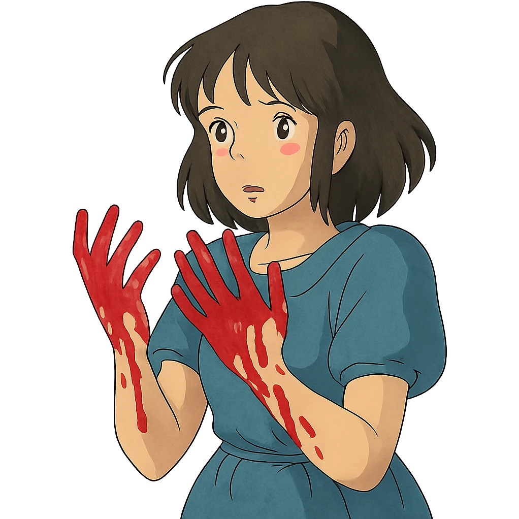 ghibli style illustration of a woman with blood on her hands emoji