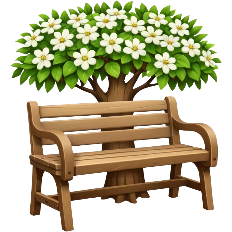 beautiful bench against the background of a tree with blooming white flowers emoji