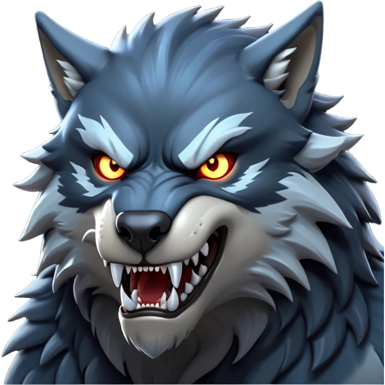 cinematic-noble-fierce-werewolf-head-close-up-emoji, poised-and-imposing, with a fierce wolfish face featuring glowing eyes full of primal ferocity, sharp, elongated fangs and a rugged snout, fur rippling in shades of midnight black and silver, muscles tensed and hunched over in an intense, threatening stance; rendered with realism, capturing the raw, untamed power of the beast beneath the moonlit sky emoji