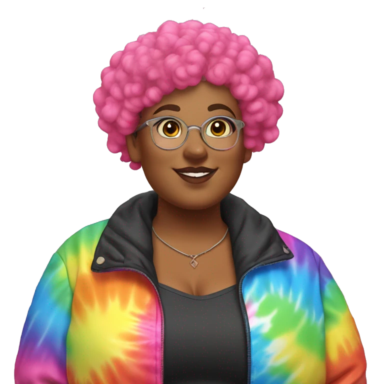 Plus size black woman with pink curly pixie cut hair and a rainbow tie dye bubble jacket  emoji