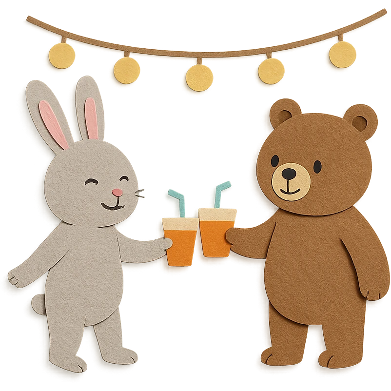 full-body bunny and bear clinking juice cups under string lights, paper-craft style emoji