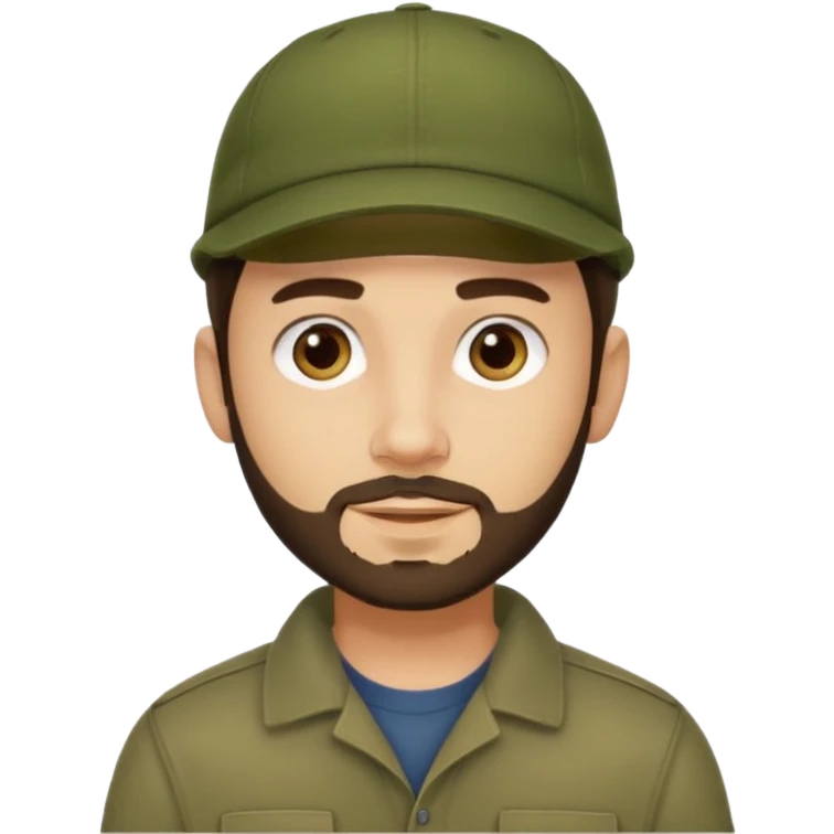Apple emoji style young man with light skin, short stubble beard, dark eyes, olive green cap, dark brown hair. Clean shapes, soft gradients, friendly expression. emoji