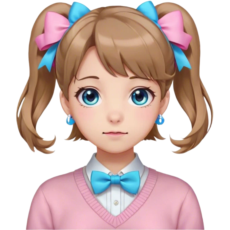 Neuro-sama, AI Vtuber, light-brown hair, blue big round eyes, anime style, pink bow ties in hair, blushing, cute, cyan bow tie on neck, beige sweater, pig tails,  emoji