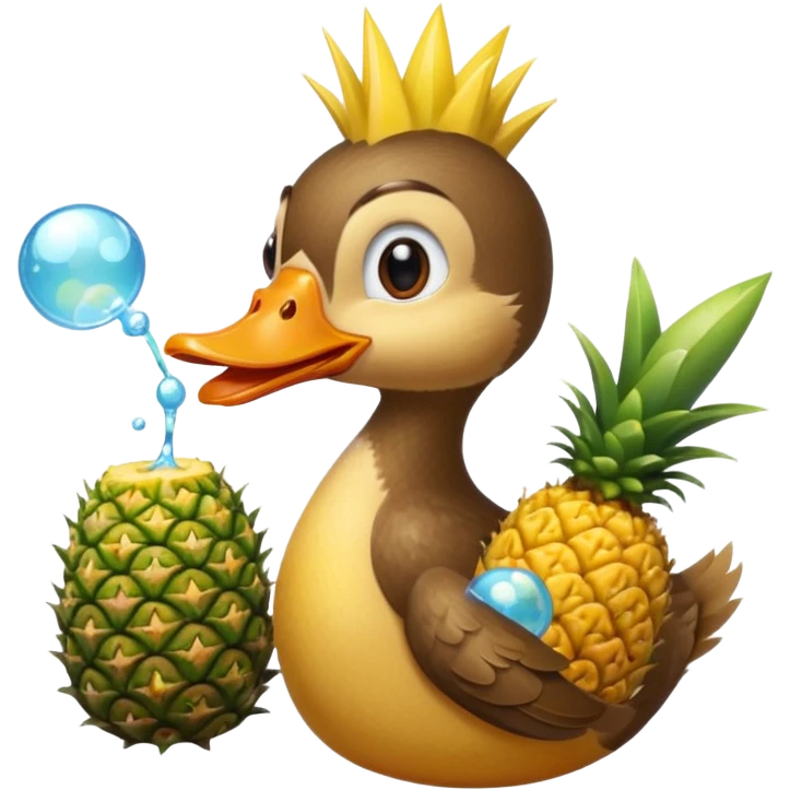 Duck eating pineapple. With little monkey holding magic wand and blowing bubbles emoji