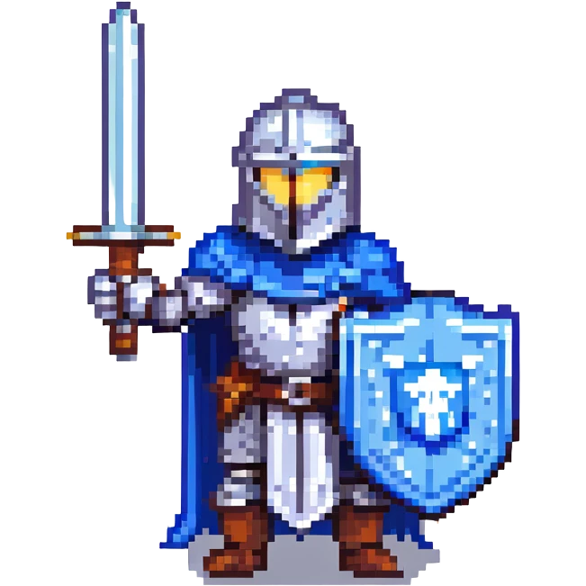 pixel art knight with blue cape, gray iron iron sword and blue iron shield emoji