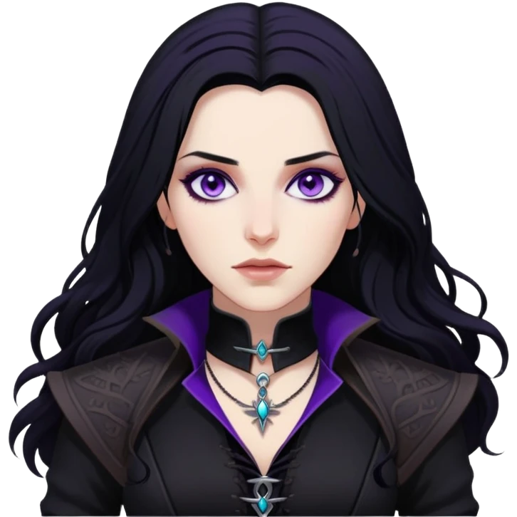 Yennefer from Witcher with long black hair, violet eyes, pale skin, wearing black clothes emoji