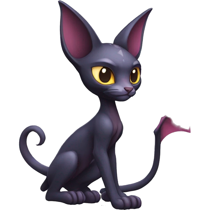 Black edgy Noivern-Litten-Sphynx-Lykoi-Caracal-Fakemon with big bat ears full-body emoji