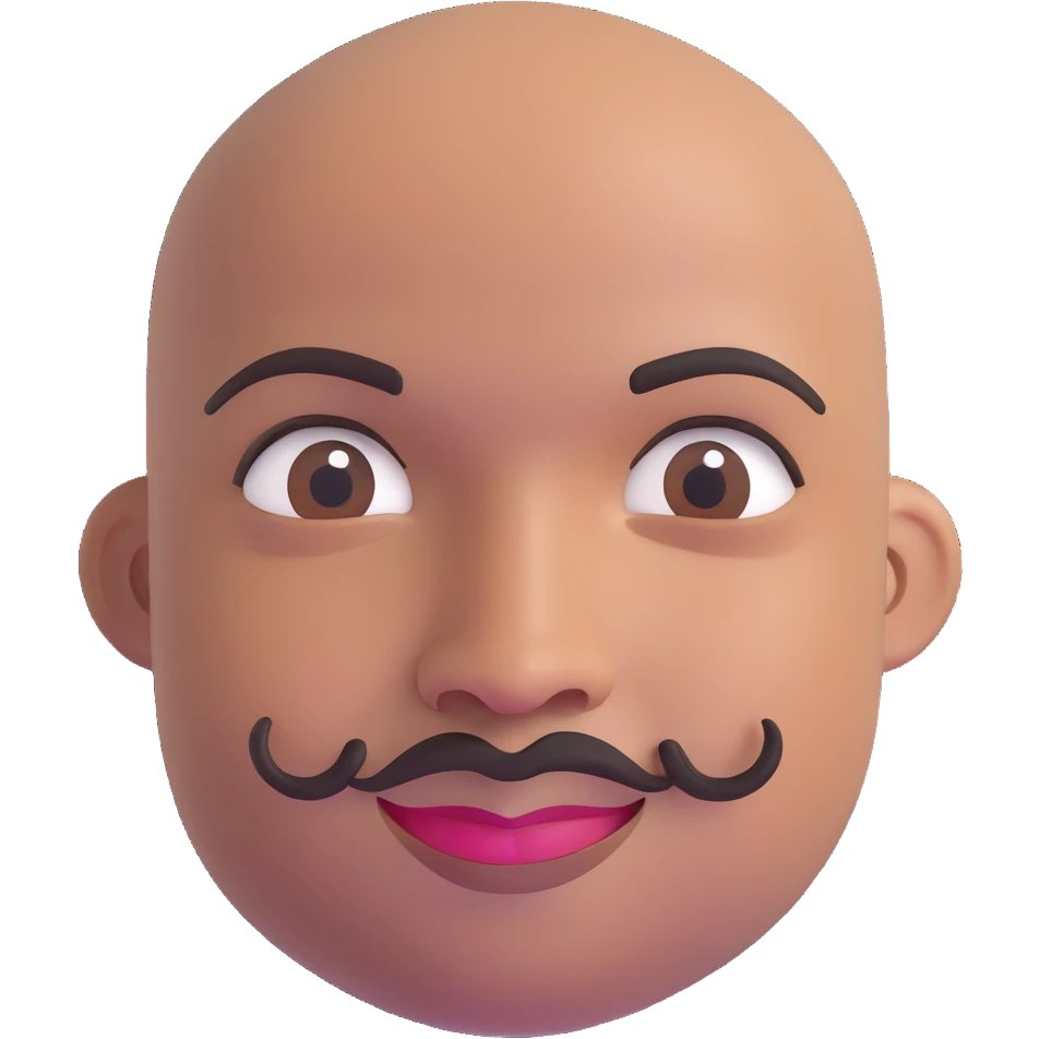 Oxumarê as a very happy smiling 37-year-old bald Black man with smooth oval head, indigenous facial features, mustache with goatee (no hair on sides of face), contour from chin to lips, and a beauty mark on left side below lip, Memoji style emoji