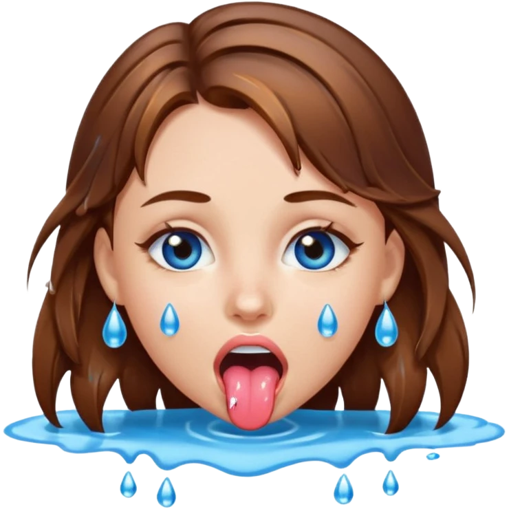Girl with brown hair, blue eyes, a wet face and her tongue out. Can you make her face more wet? Can you add clear water droplets on her face and tongue? No water below her. Just on her face, hair and tongue. emoji