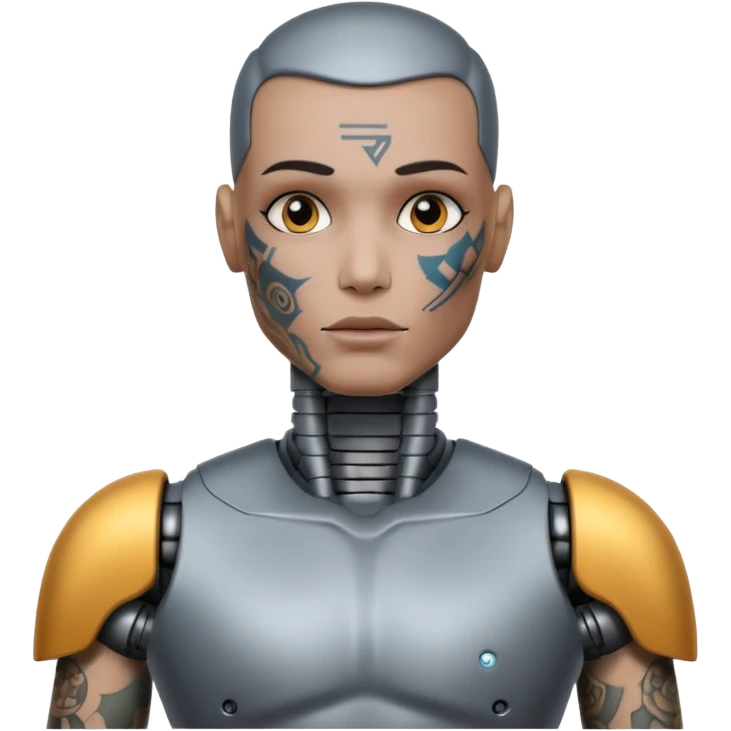 Tatooed robot, big many tatooes on chest, neck and face emoji