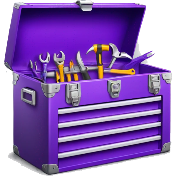 Realistic metallic purple tool box with top open and tools inside of it isolated.  emoji