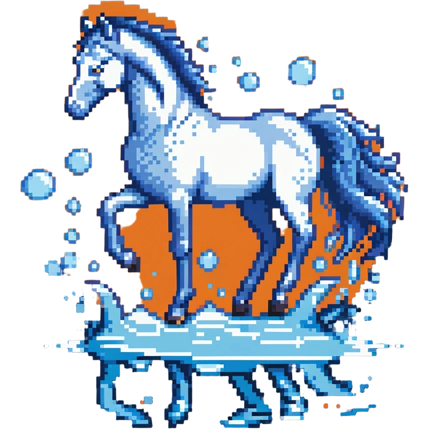 A horse composed of blue and transparent bubbles, with water effects emoji
