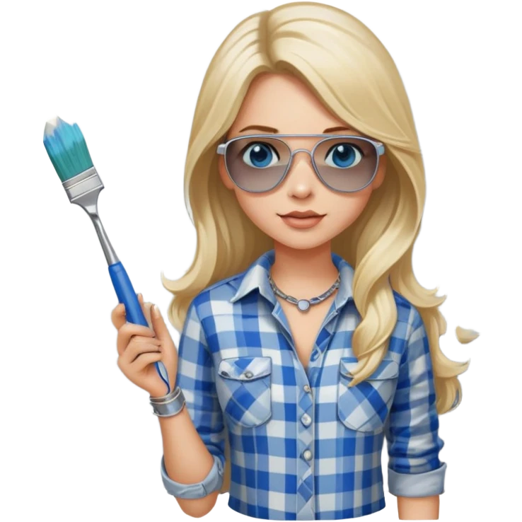 girl with long blond hair, wearing plaid shirt with blue eyes and aviator sunglasses wearing a ring on her silver necklace, holding a wall roller paintbrush emoji