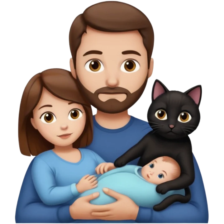 1 mom brown hair, 1 dad NO beard, 1 baby and 1 black cat emoji