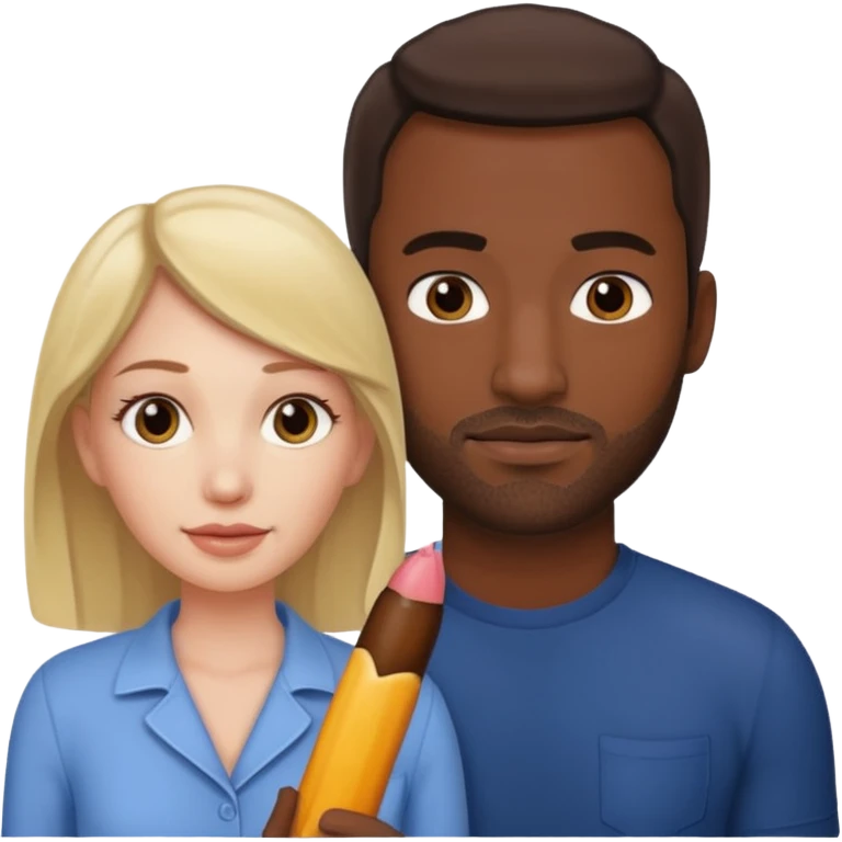 A white woman next to a dark man holding his penis emoji